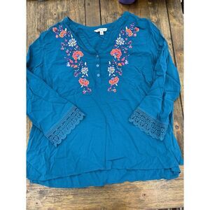 Pioneer‎ Woman Blouse Women's XXL Embroidered Flowers Teal Bohemian Tunic